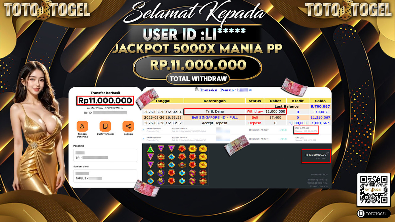 Bukti Pembayaran Jackpot Permainan Slot 5000X Mania PP ID:LI*****LUNAS