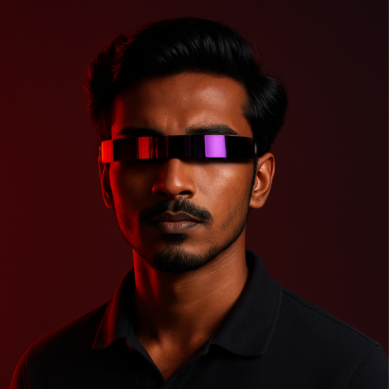 Profile portrait of a professional creative designer with striking red highlights and a modern studio background