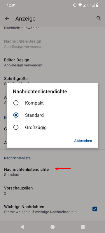 Thunderbird-Android-App Nachrichtenlistedichte