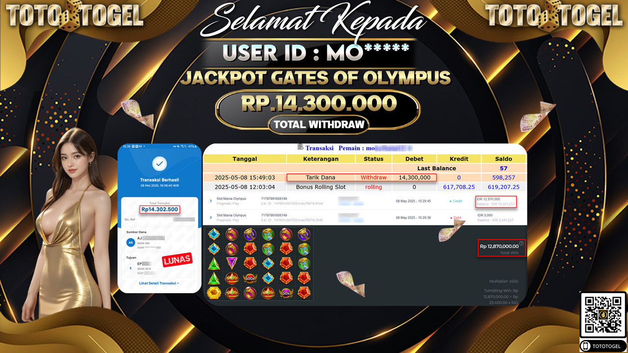 Bukti Pembayaran Jackpot  Permainan Slot Gates Of Olympus ID:MO***** LUNAS