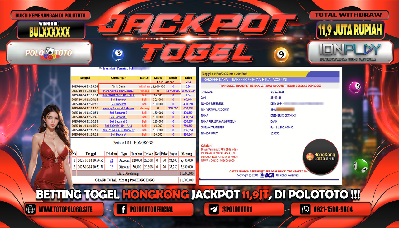 POLOTOTO JACKPOT TOGEL HONGKONG LOTTO Rp.11.900.000,- LUNAS