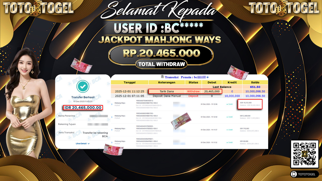 Bukti Pembayaran Jackpot Permainan Slot Mahjong Ways ID:BC***** LUNAS