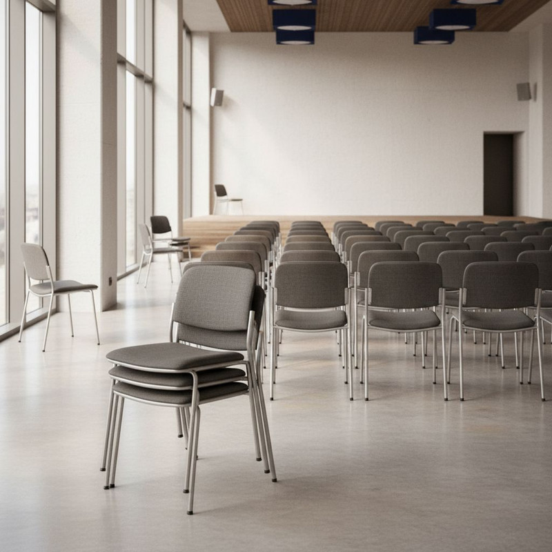 Современные штабелируемые и складные стулья в интерьере, демонстрирующие возможности быстрой трансформации помещения и экономии места.