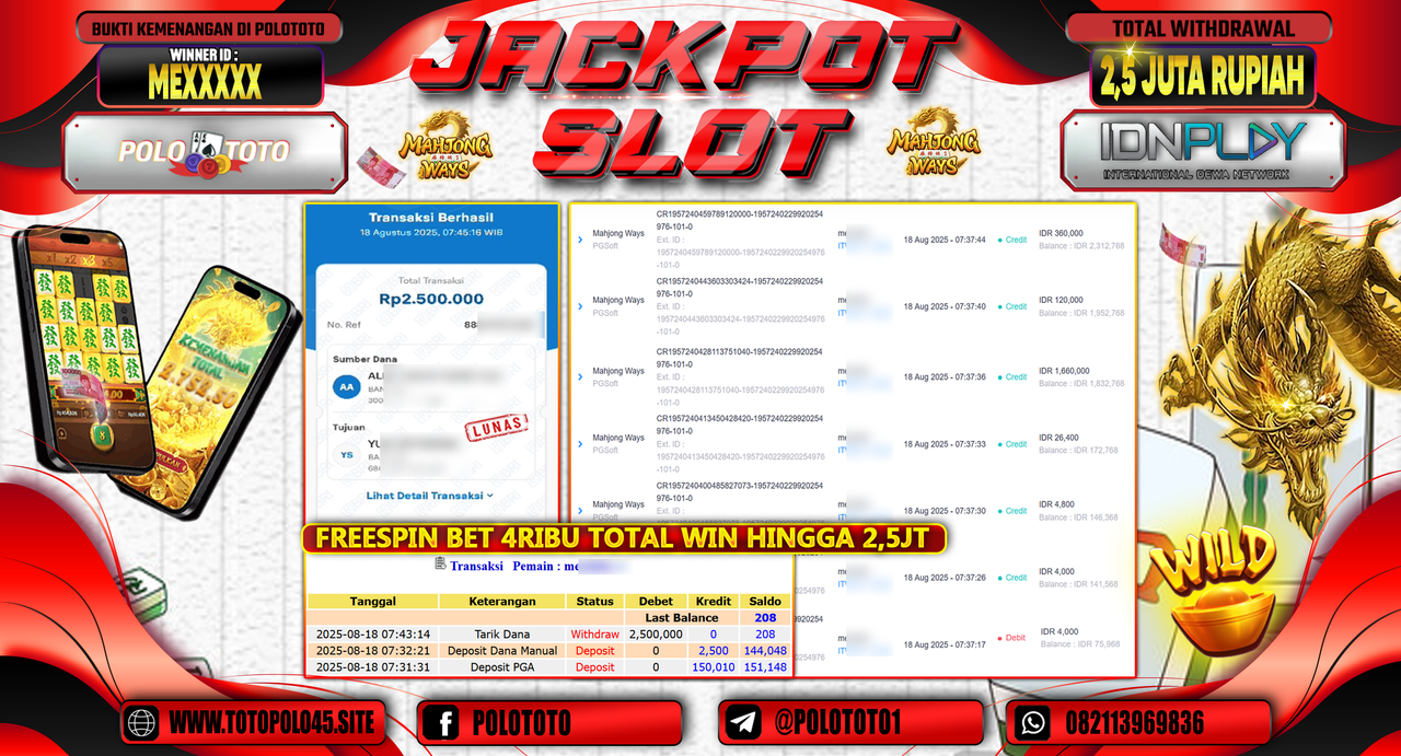 POLOTOTO JACKPOT SLOT MAHJONG WAYS Rp.2.500.000,-