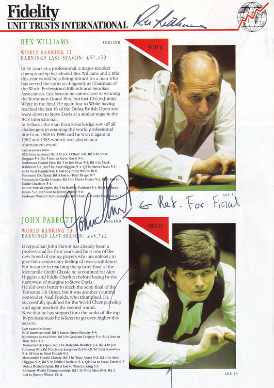 Rex Williams - British Snooker Player + 1 Other Signed Magazine Page