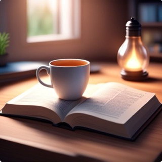 A warm cup of tea resting on an open book on a wooden desk, softly lit by natural light—symbolizing calm, reflection, and grounding