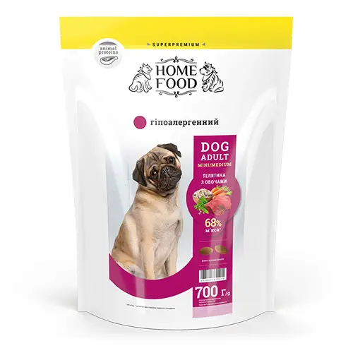 Корм DOG ADULT MINI/MEDIUM Гіпоалергенний «Телятина з овочами» (0,7 кг) ТМ "Home Food"