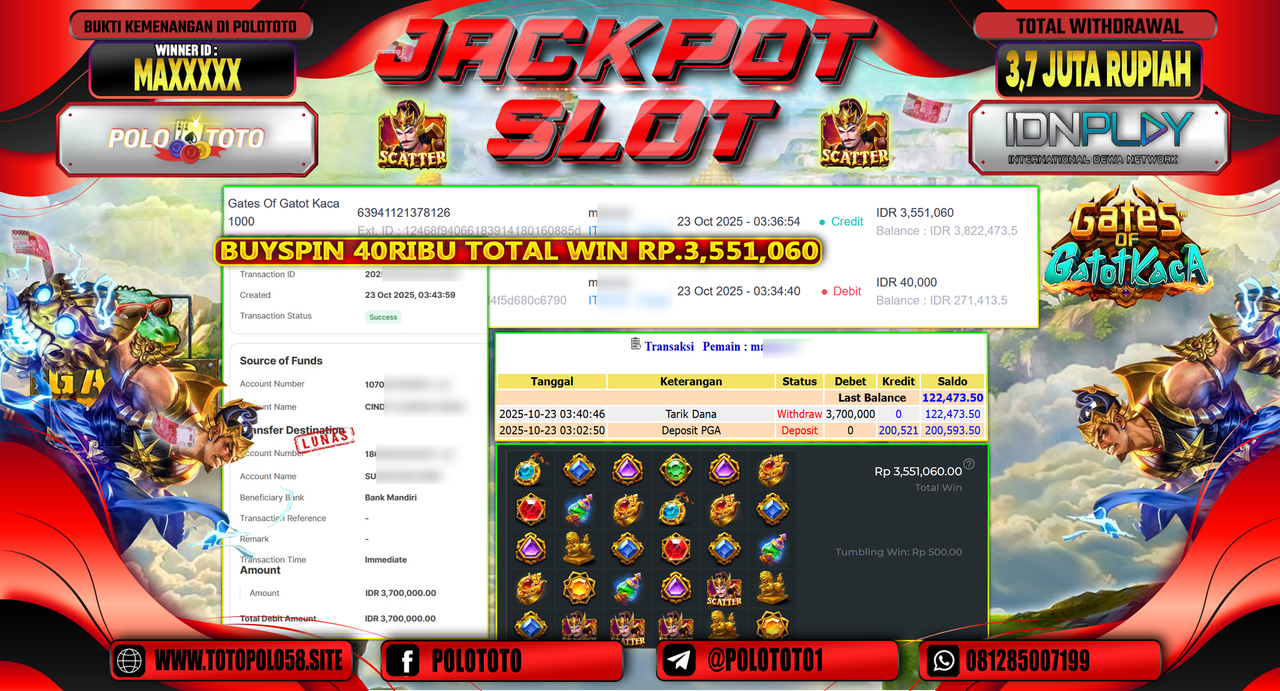 POLOTOTO JACKPOT SLOT GATES OF GATOT KACA 1000 Rp.3.700.000,- LUNAS