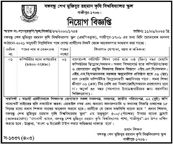 বঙ্গবন্ধু শেখ মুজিবুর রহমান কৃষি বিশ্ববিদ্যালয় নিয়োগ ২০২৩