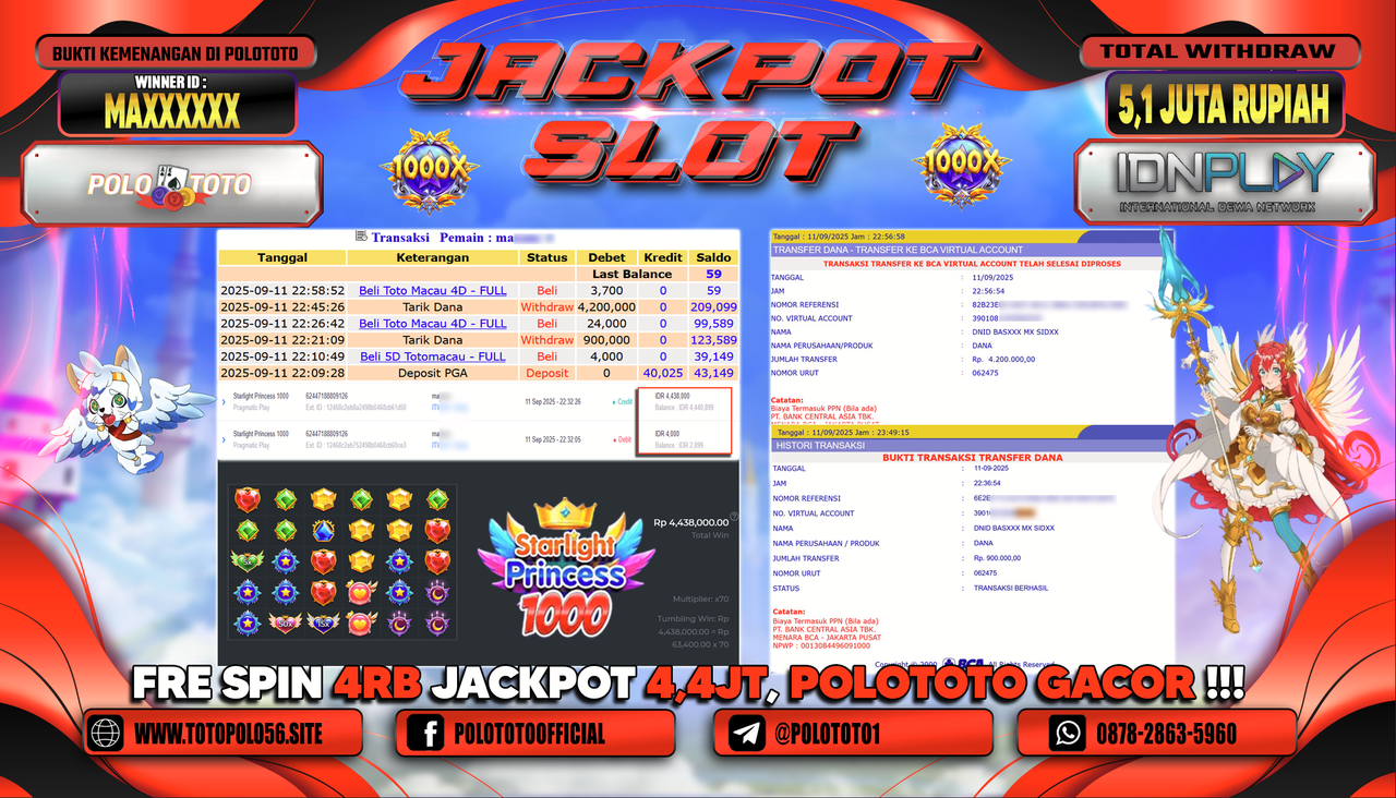 POLOTOTO JACKPOT SLOT STARLIGHT PRINCESS 1000 Rp.5.100.000,-