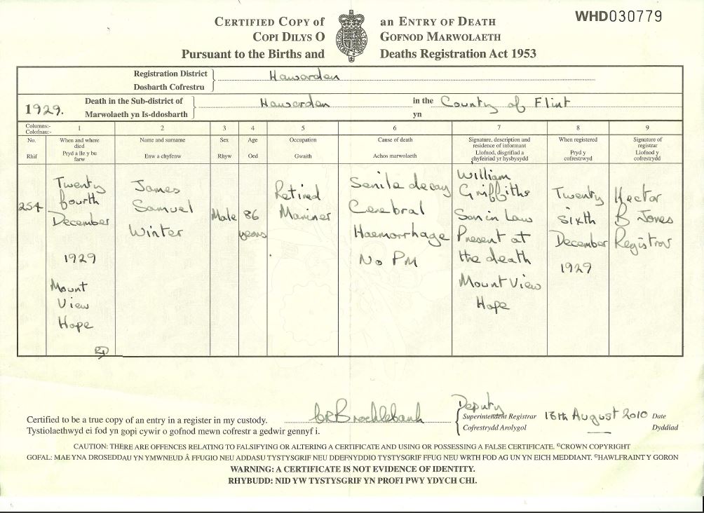 James Samuel Winter death Certificate-1929