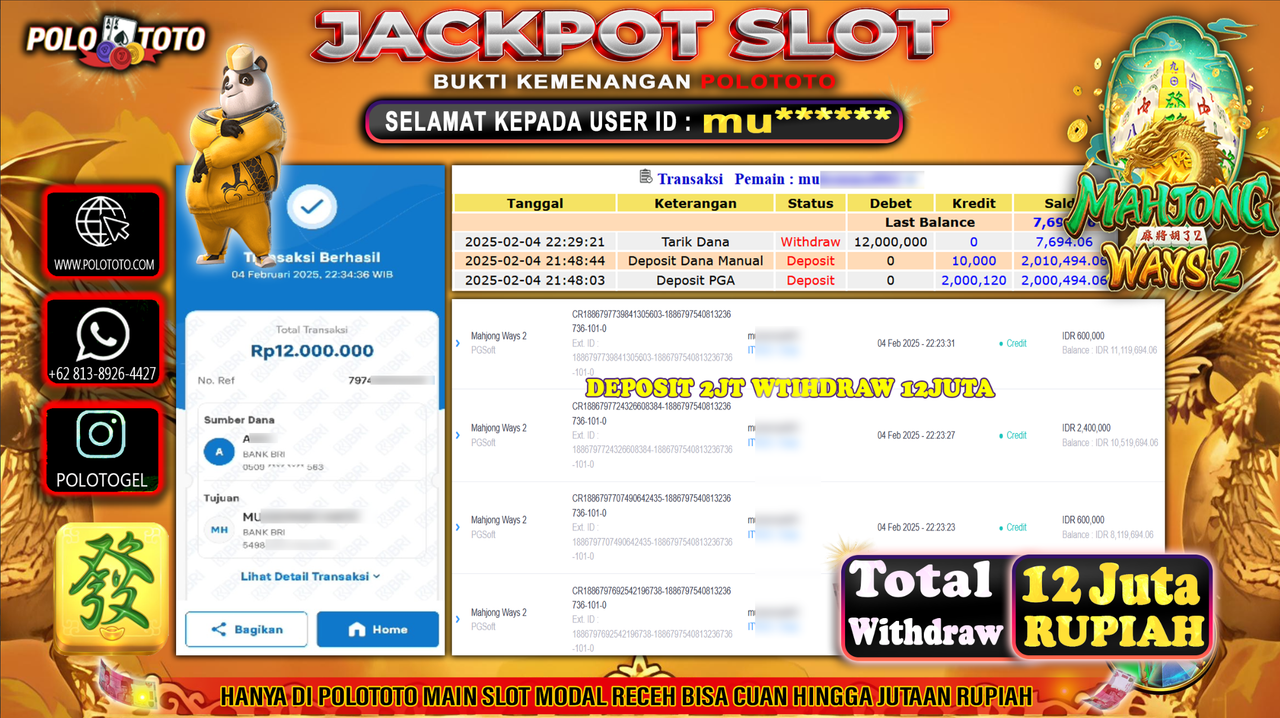 POLOTOTO JACKPOT SLOT MAHJONG WAYS 2 Rp12,000.000,-