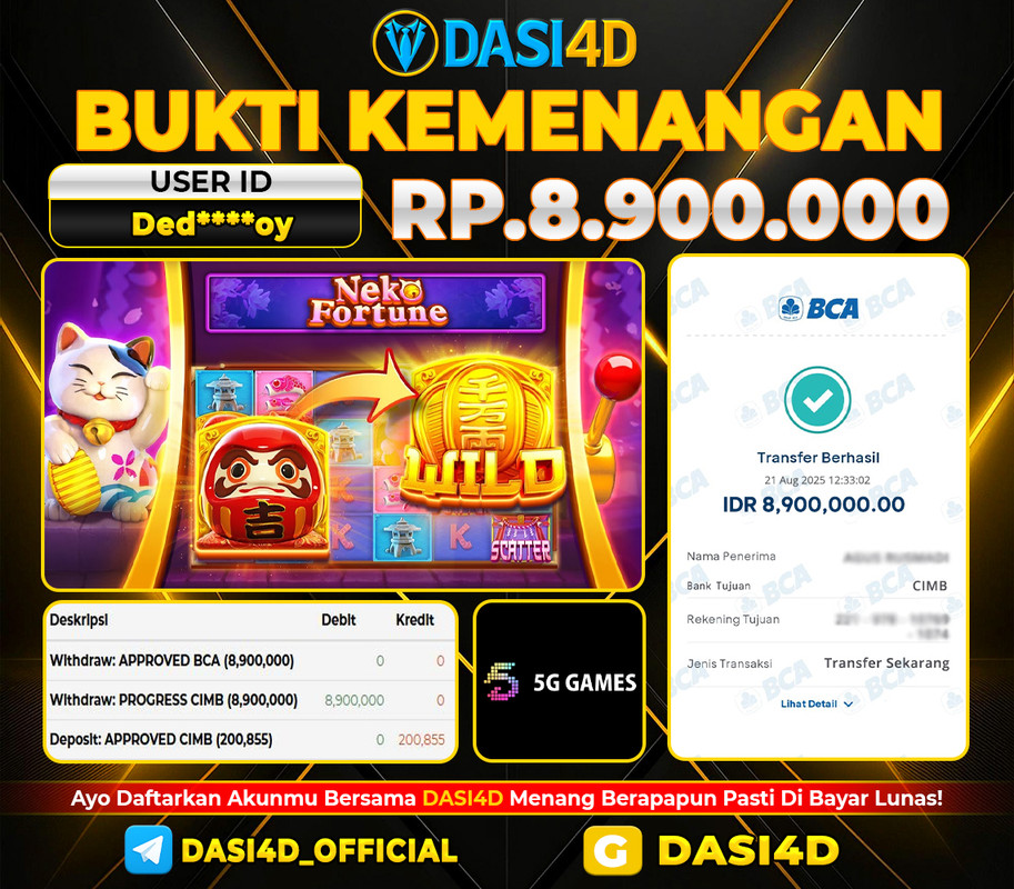 BUKTI KEMENANGAN 21 AGUSTUS 2025 DI NEKO FORTUNE WD 8.900.000