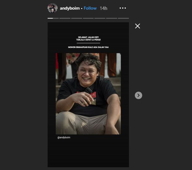 Instastory Andy Boim mengantar kepergian sang sahabat, Cecep Reza.