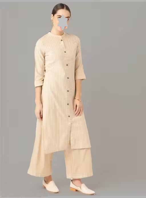Maadwara Women Beige Cotton Striped Kurta With Palazzos Color 1 (KS143)