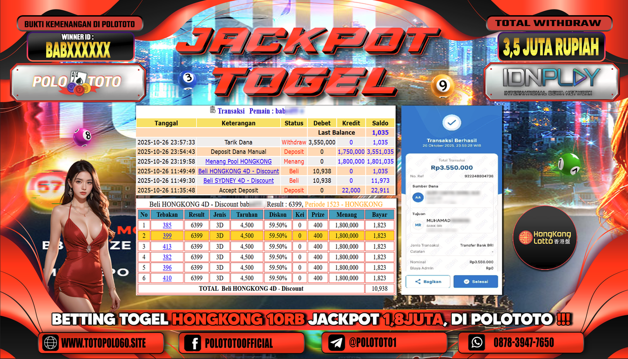 POLOTOTO JACKPOT TOGEL MENANG HONGKONG LOTTO Rp.3.500.000,- LUNAS