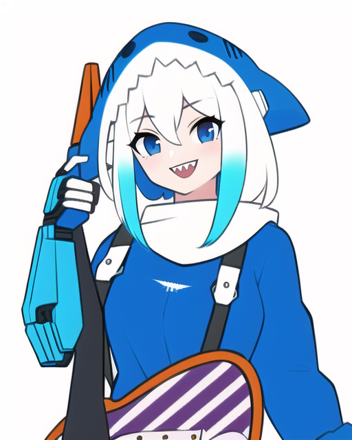 {{guitar}}, 1girl, {{{cyberpunk}}}, white hair, blue hair point, smile, [[[shark s-609057366