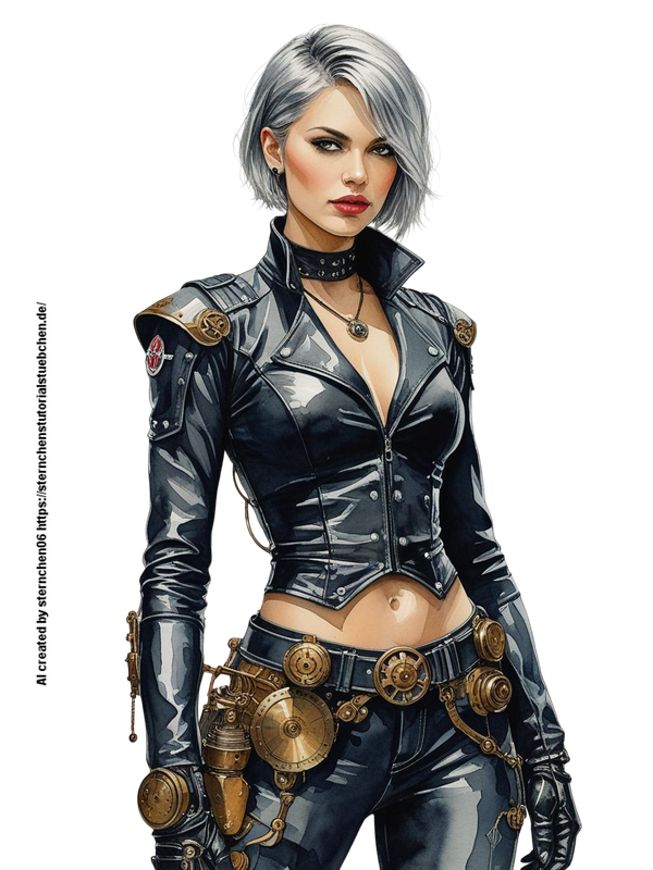 hells angel ,steampunk in black leather clothes, silver short Hair, aquarellpainting 4k, full body (