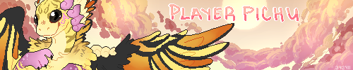 The overlaid text displays the username, playerpichu. The forum signature's image is of a smiling Coatl dragon with a yellow body, and yellow wings that are accented with orange and tipped with black. The dragon also has magical pink runes on its hands and cheeks. The fluffy, snake-like dragon is flying against a pastel pink and yellow sky, with the sun in view to the right of the dragon.