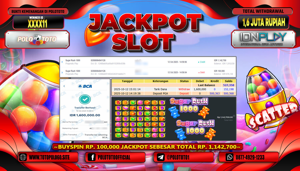 POLOTOTO JACKPOT SLOT SUGAR RUSH 1000 Rp.1.600.000,- LUNAS