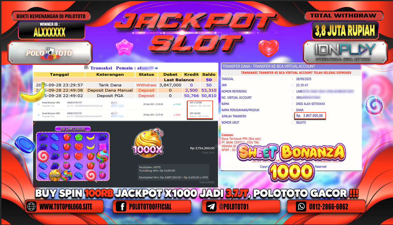POLOTOTO JACKPOT SLOT SWEET BONANZA 1000 Rp.3.800.000,- LUNAS