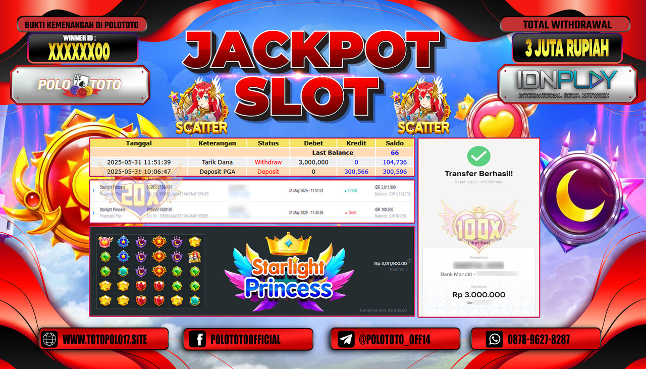 POLOTOTO JACKPOT SLOT STARLIGHT PRINCESS Rp.3.000.000,-