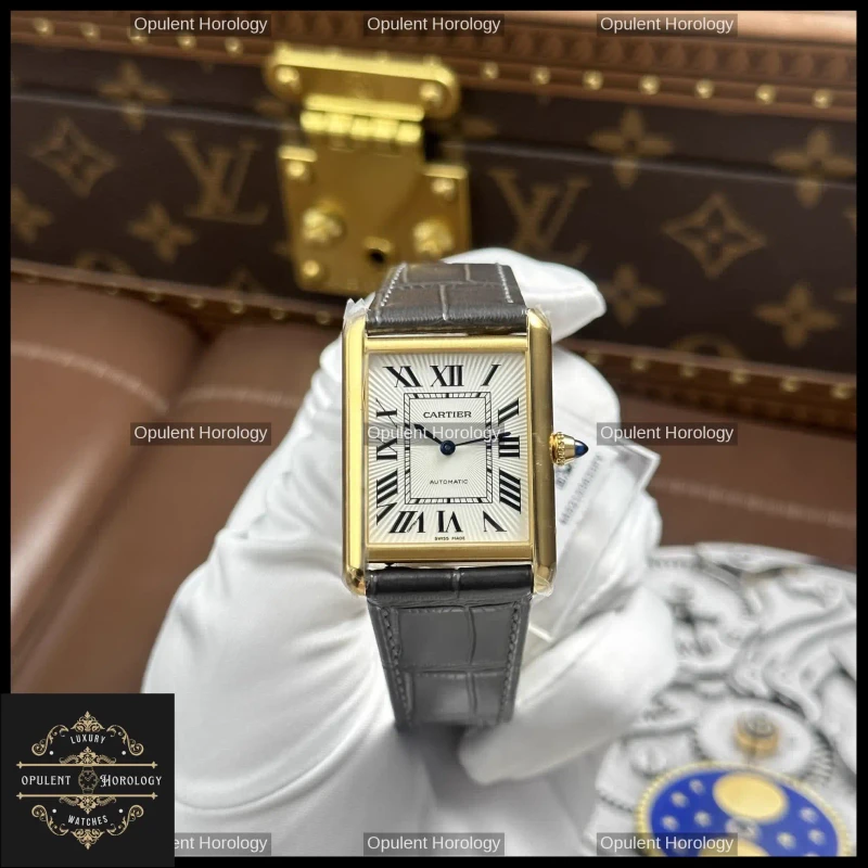 Cartier Tank Louis Automatic 27.8x38.1mm White Dial Gold Plated Gray Leather Strap - Super Clone
