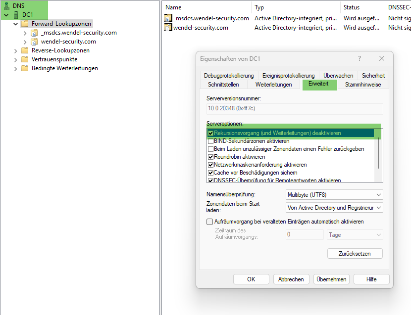 DNS-Eigenschaften DC, Rekursion
