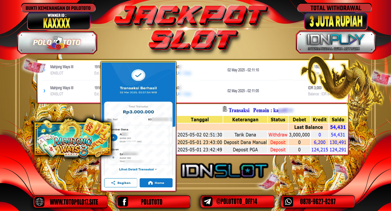 POLOTOTO JACKPOT SLOT MAHJONG WAYS III Rp.3.000.000,-