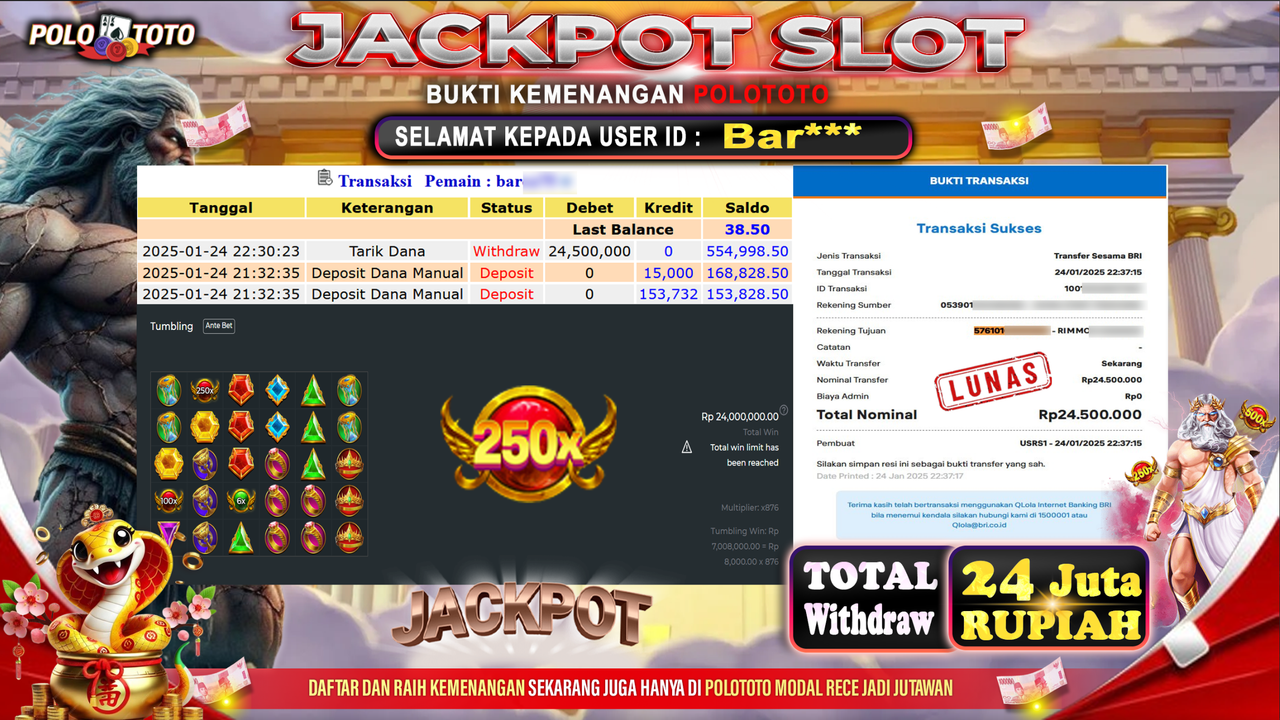 POLOTOTO JACKPOT SLOT GATES OF OLYMPUS 1000 Rp.24,500.000,-