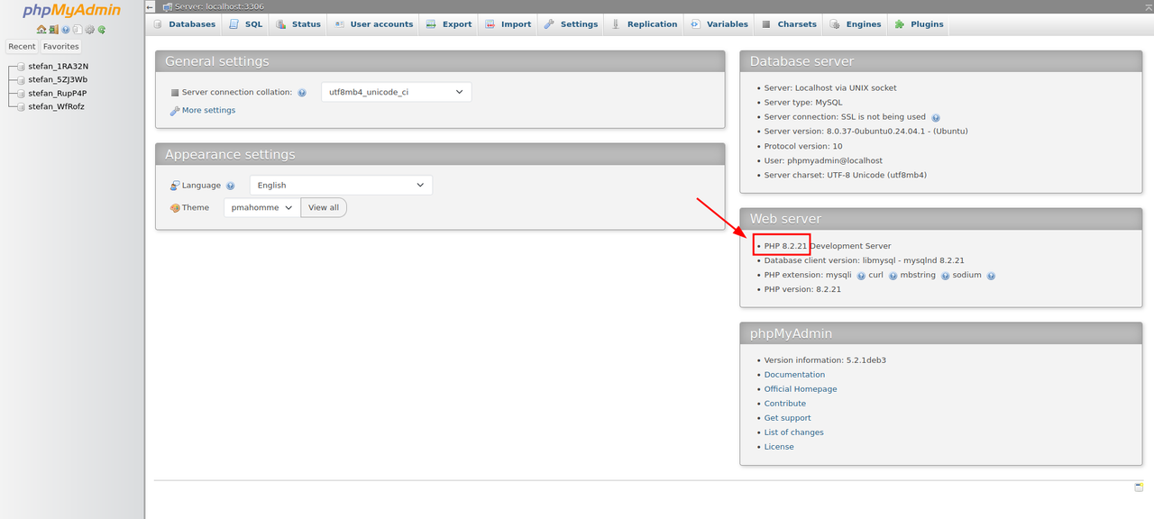 phpmyadmin check php version
