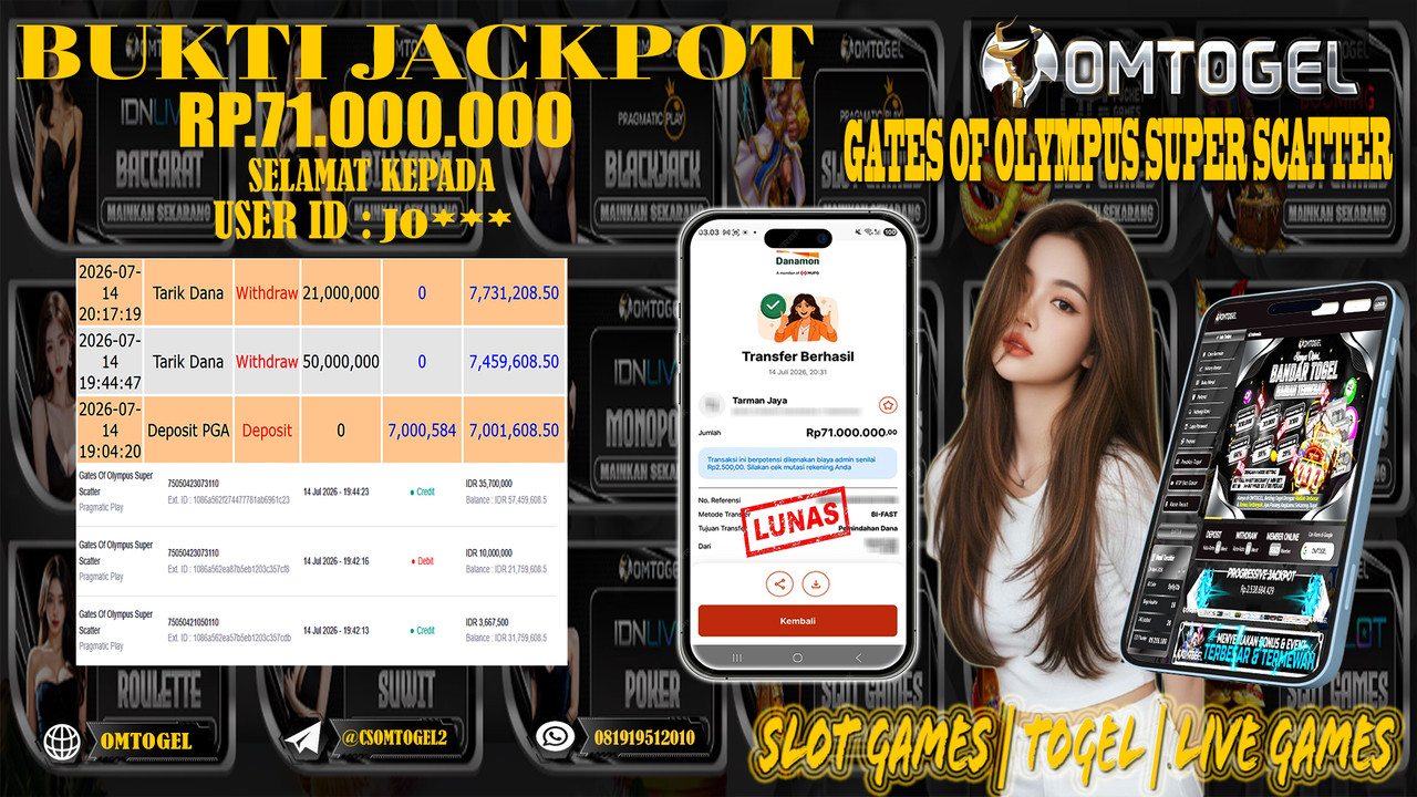 OMTOGEL JACKPOT PRAGMATICPLAY GATES OLYMPUS SUPER SCATTER Rp.71,000,000,- DIBAYAR LUNAS
