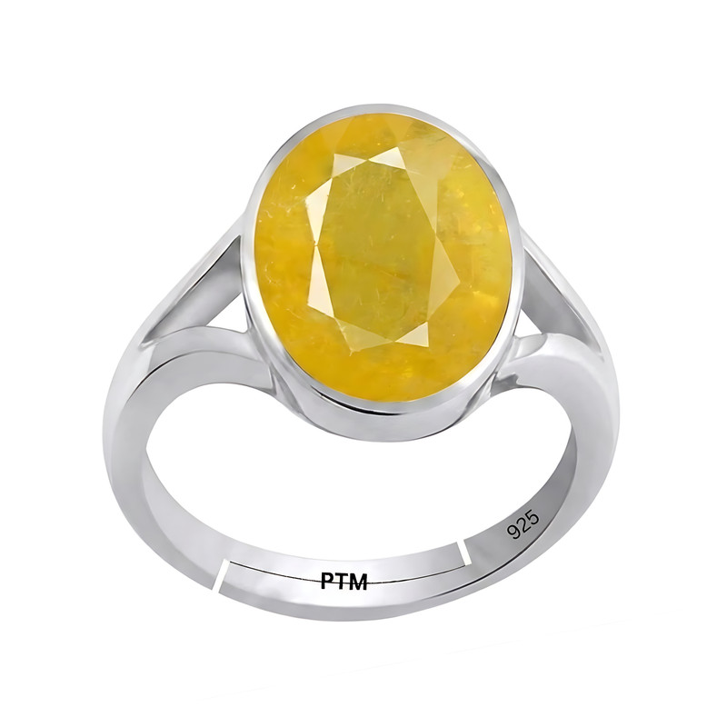 PTM 925 Sterling Silver Yellow Sapphire (Pukhraj) 3.25 to 10.25 Ratti or 3.00 to 9.50 carat Astrological Gemstone Bis Hallmark Adjustable Ring for Men & Women