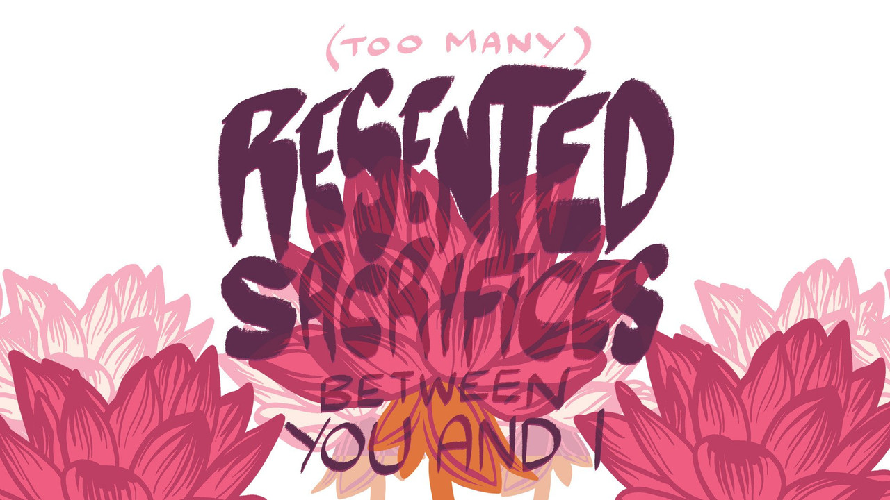 Cover art, the text says "too many" in brackets then "resented sacrifices between you and I" with each word on separate lines except "you and I". Behind the text are three bright red lotus flowers, and behind them are light-pink outlined white lotuses. End Description.