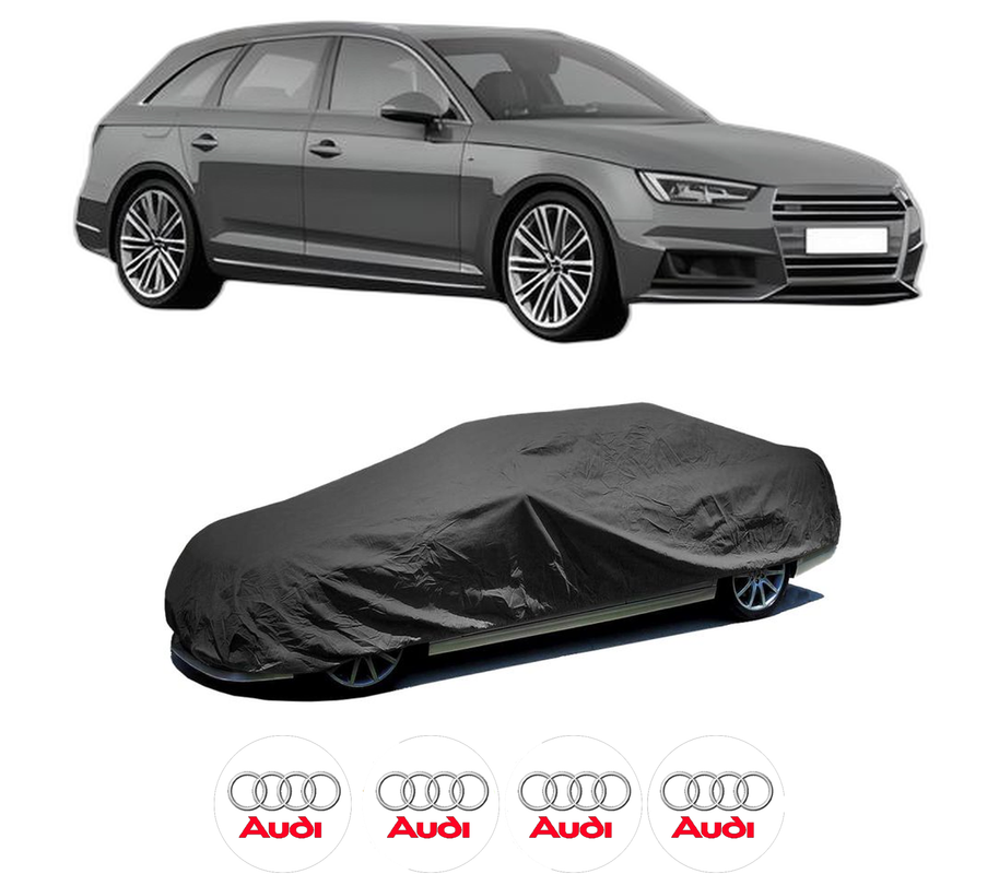 Husa tip prelata auto pentru AUDI A4 B9 Avant (8W5, 8WD) din 2015-2021, Culoare Negru, material textil impermeabil, rezistanta la intemperii praf UV, CARPASSION Husa Protectie, 4 Stickere auto cu AUDI