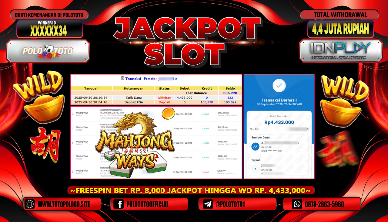 POLOTOTO JACKPOT SLOT MAHJONG WAYS Rp.4.400.000,- LUNAS