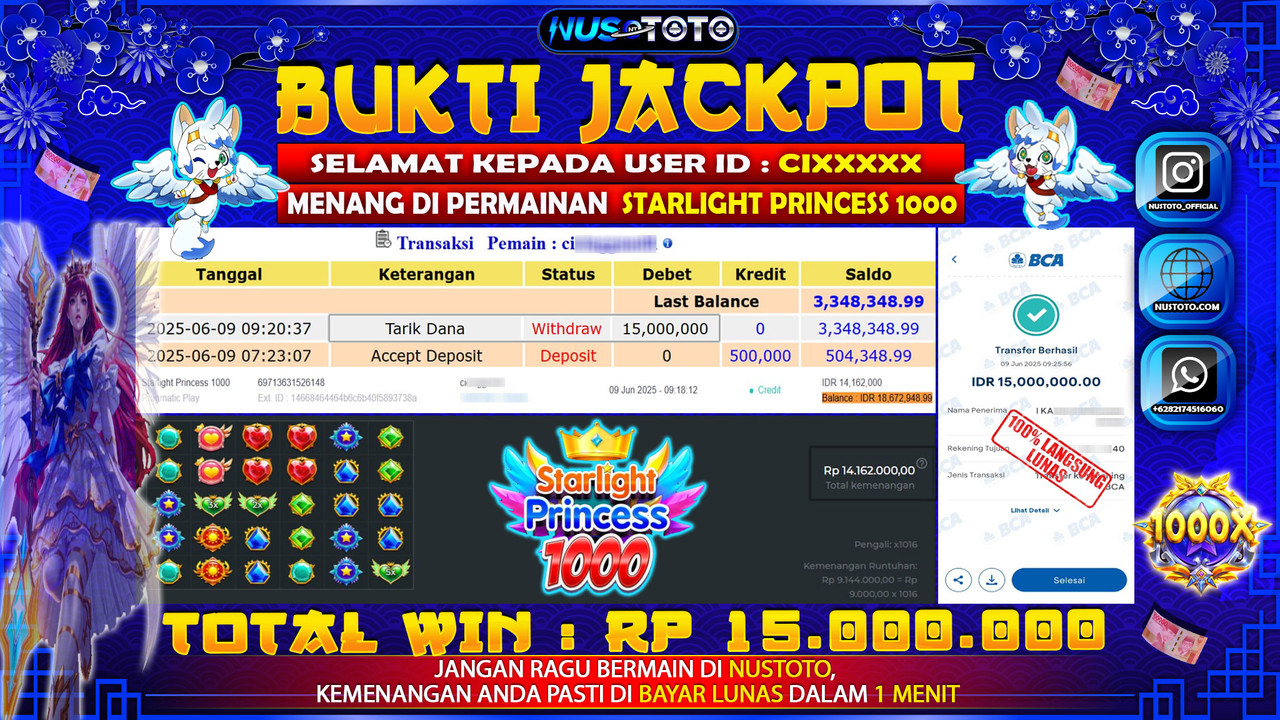 JACKPOT !! MENANG BESAR DI SLOT STARLIGHT PRINCESS 1000 Rp. 15.000.000 LANGSUNG DI BAYAR LUNAS NUSTOTO !!