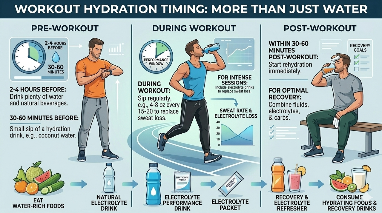 Pre, during, and post-workout hydration timing chart for how to stay hydrated more than just drinking water