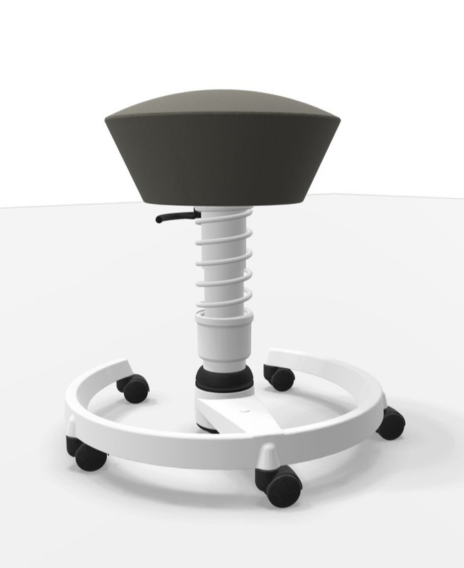 Aktiv-Bürostuhl mit Rollen, ergonomischer Sitzfläche und höhenverstellbarem Gestell.