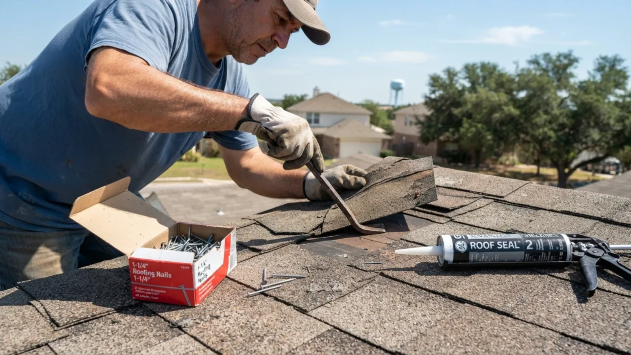 DIY roof repair tools San Antonio homeowner shingle pry bar roofing nails caulk