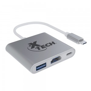 Adaptador multipuertos 3 en 1 Xtech con conectores HDMI, USB-A y USB-C.