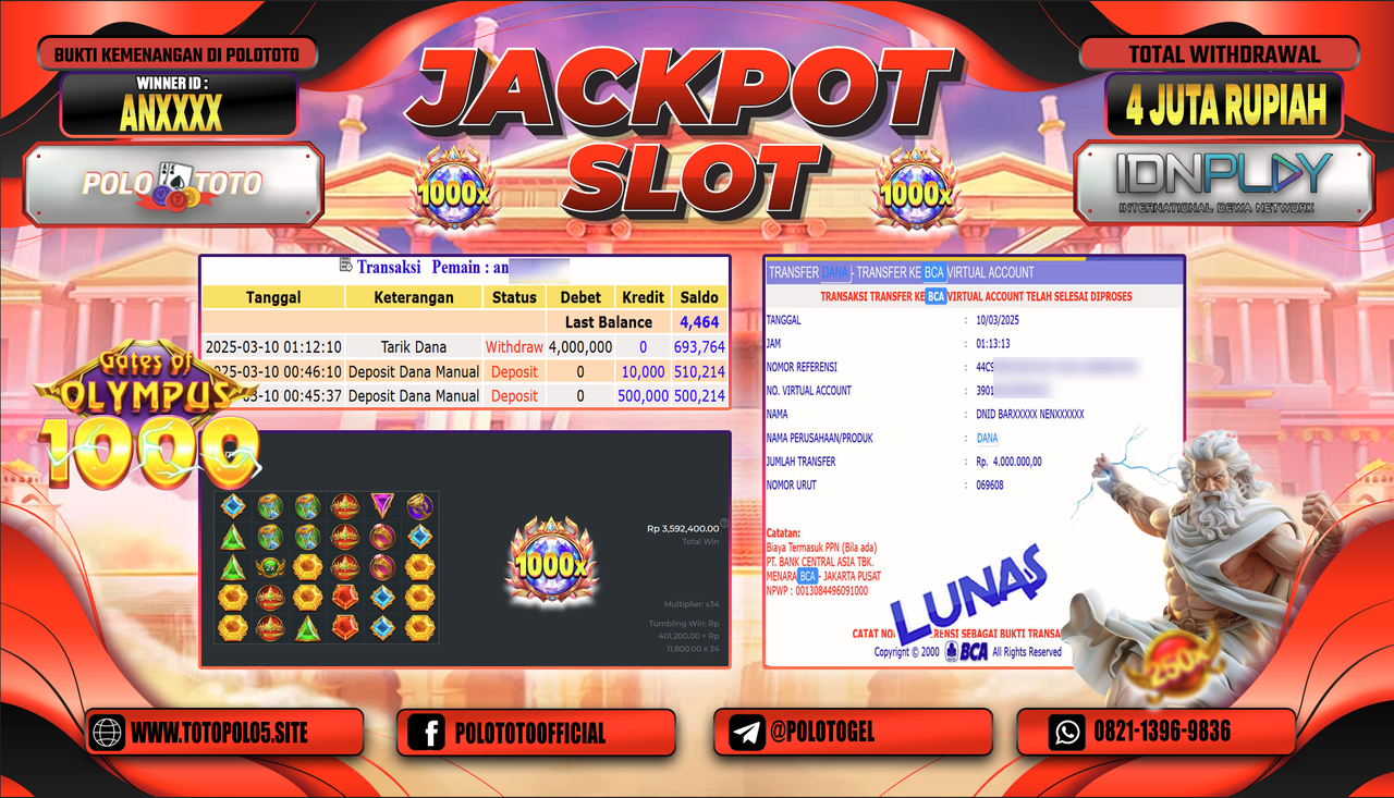 POLOTOTO JACKPOT SLOT GATES OF OLYMPUS 1000 Rp.4.000.000,-