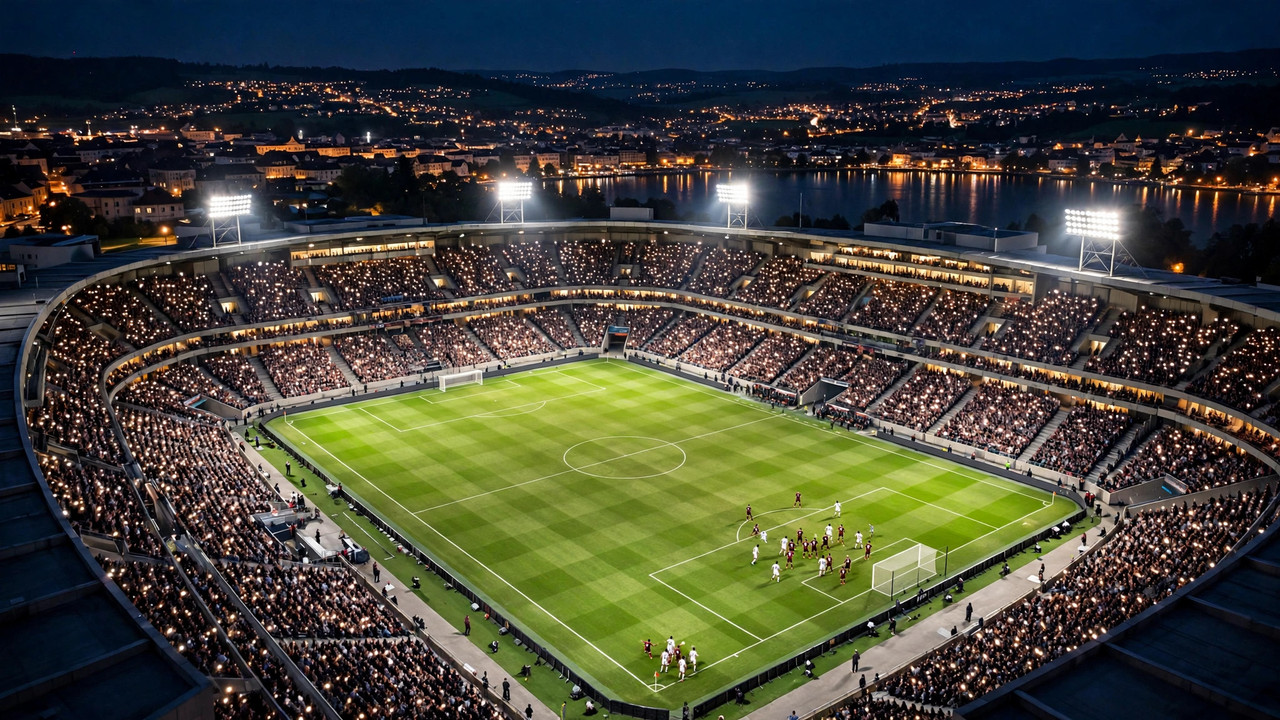 Aerial view of a packed European football stadium at night beside a lake