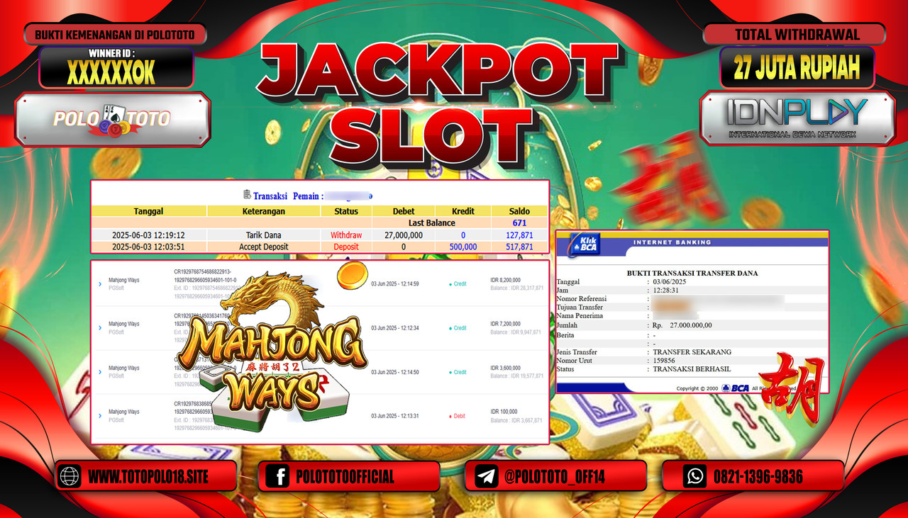 POLOTOTO JACKPOT SLOT MAHJONG WAYS Rp.27.000.000,-