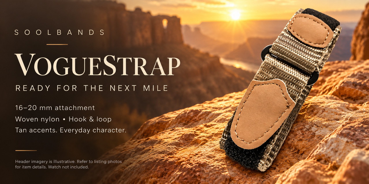 Voguestrap tan-accent woven nylon hook-and-loop product banner