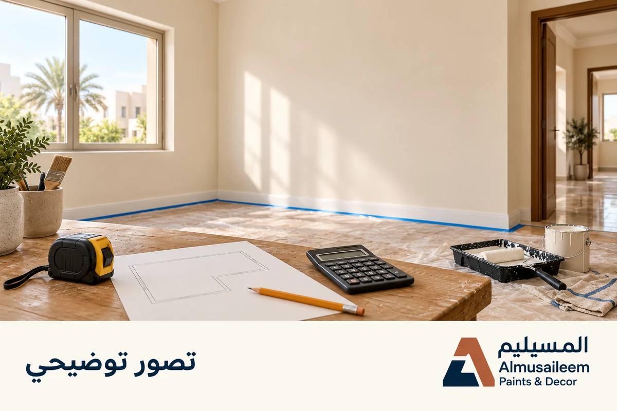 Illustrative room measuring tools and paint quantity planning with Almusaileem branding