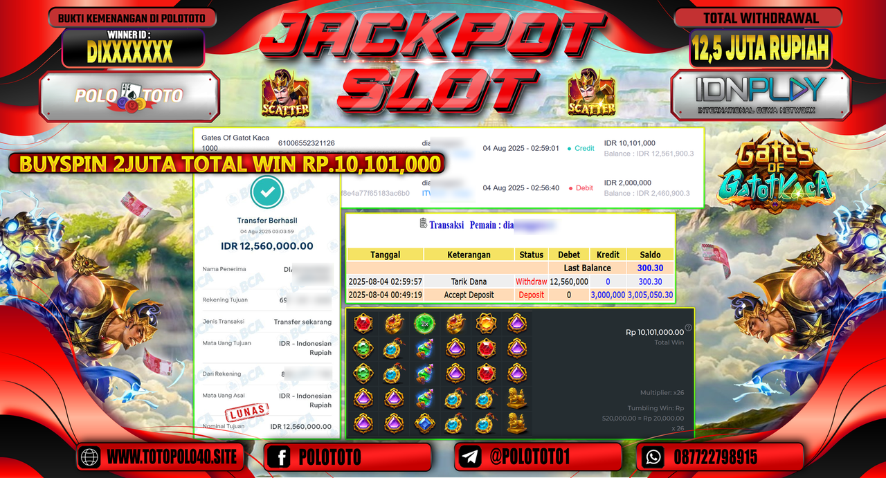 POLOTOTO JACKPOT SLOT GATES OF GATOT KACA 1000 Rp.12.500.000,-LUNAS