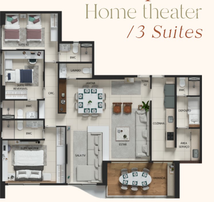 Planta tipo com possibilidade de 3 suítes do Alameda Jardins