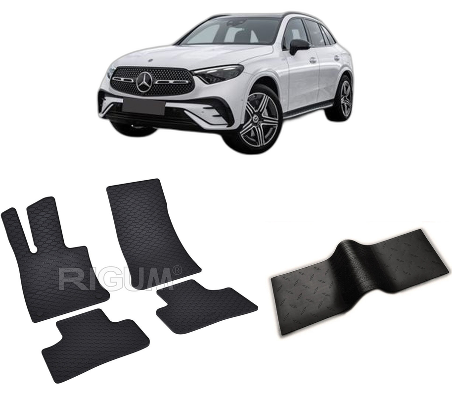 Set covorase auto MERCEDES GLC X254 PHEV din 09.2022-PREZENT, cu covoras tunel median, CAROSERIE SUV, Presuri cauciuc 100%, compatibil cu autoturismul MERCEDES GLC X254 PHEV, Rigum