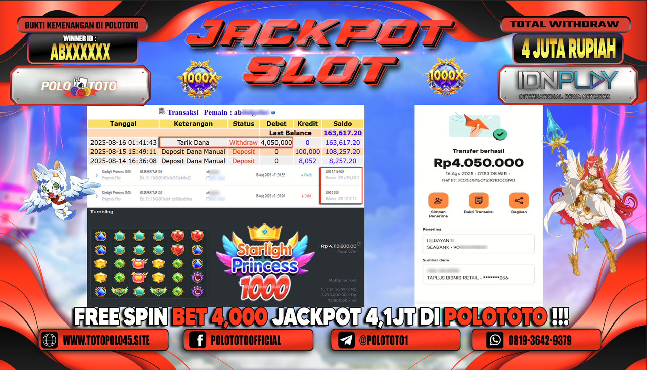 POLOTOTO JACKPOT SLOT STARLIGHT PRINCESS 1000 Rp.4.050.000,-